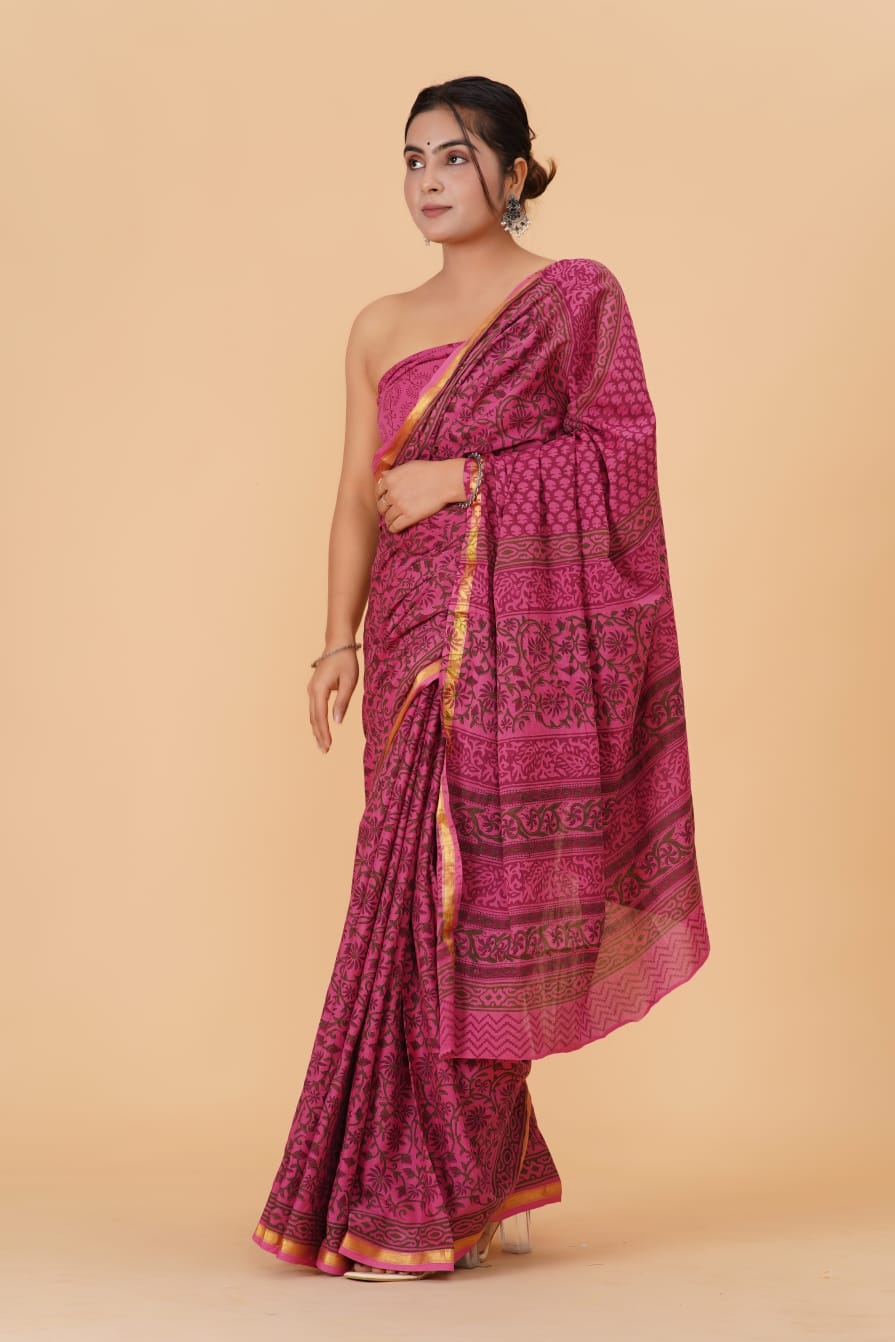 (JARI BORDER) PURE COTTON SAREE (5.5 Mtr) WITH UNSTICHED BLOUSE PIECE (90CM)