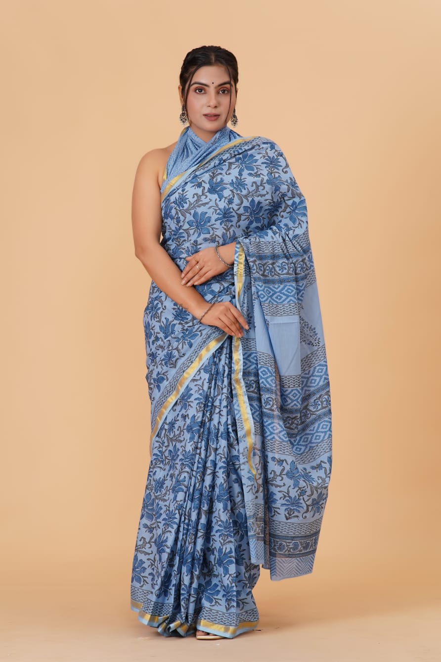 (JARI BORDER) PURE COTTON SAREE (5.5 Mtr) WITH UNSTICHED BLOUSE PIECE (90CM)