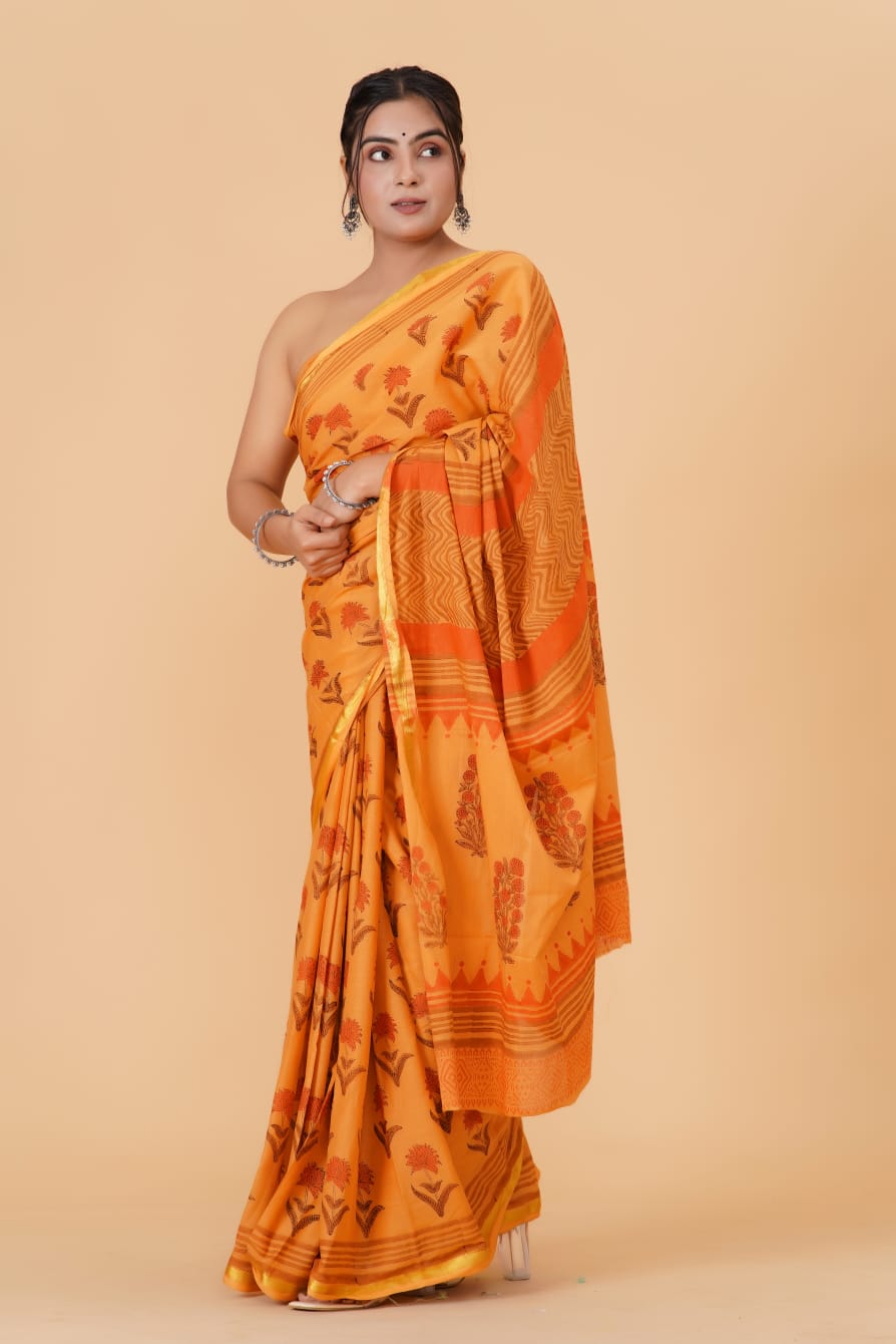 (JARI BORDER) PURE COTTON SAREE (5.5 Mtr) WITH UNSTICHED BLOUSE PIECE (90CM)