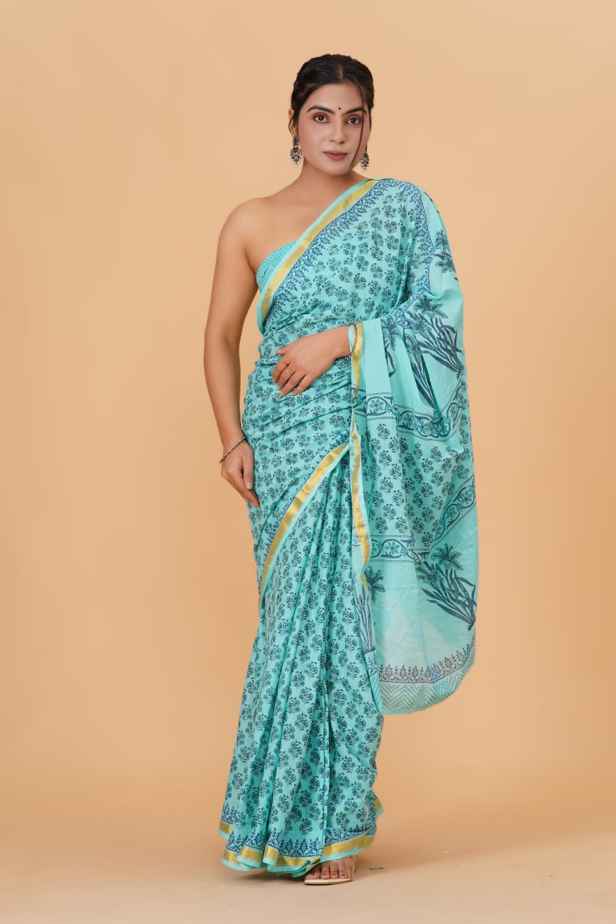 (JARI BORDER) PURE COTTON SAREE (5.5 Mtr) WITH UNSTICHED BLOUSE PIECE (90CM)