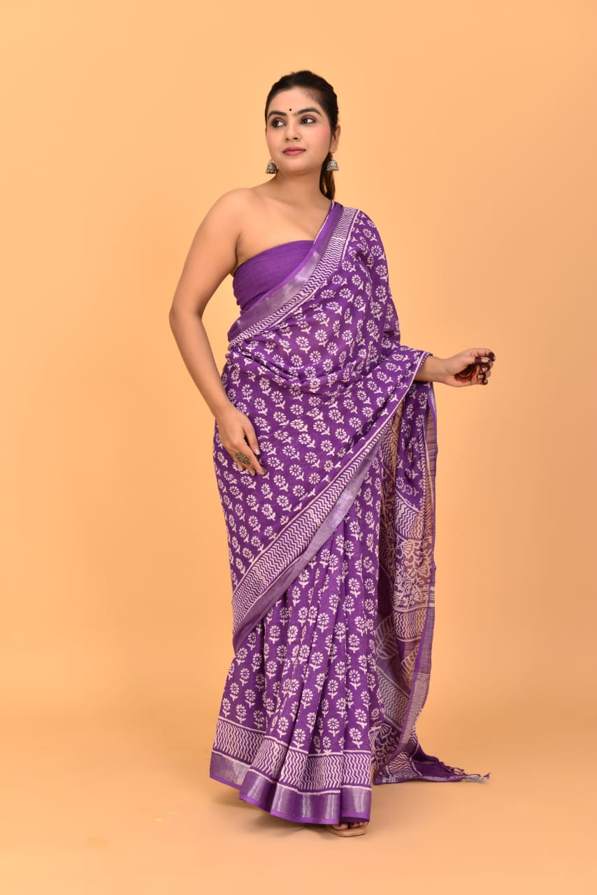 HAND BLOCK PRINTED LINEN SAREE (5.5Mtr) WITH LINEN UNSTICHED BLOUSE PIECE (90CM)