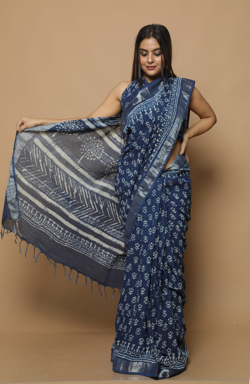 HAND BLOCK PRINTED LINEN SAREE (5.5Mtr) WITH LINEN UNSTICHED BLOUSE PIECE (90CM)