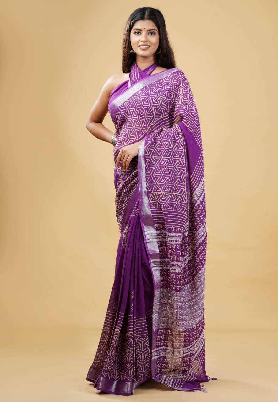 HAND BLOCK PRINTED LINEN SAREE (5.5Mtr) WITH LINEN UNSTICHED BLOUSE PIECE (90CM)