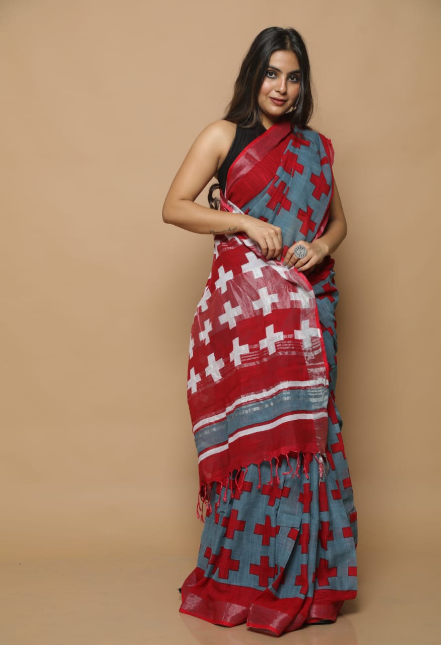 HAND BLOCK PRINTED LINEN SAREE (5.5Mtr) WITH LINEN UNSTICHED BLOUSE PIECE (90CM)