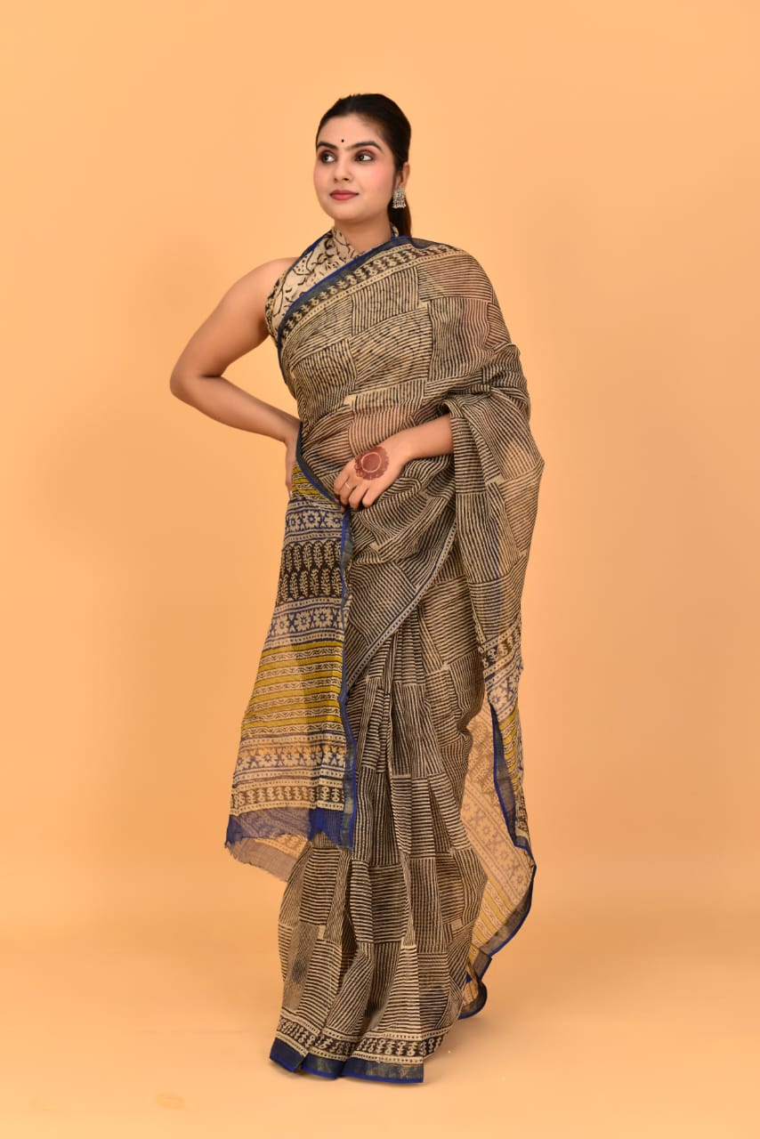 Hand Block Printed Jari Border Pure Kota Doria Saree (5.5 Mtr) With Unstiched Kota Doria Blouse Piece (90 CM)