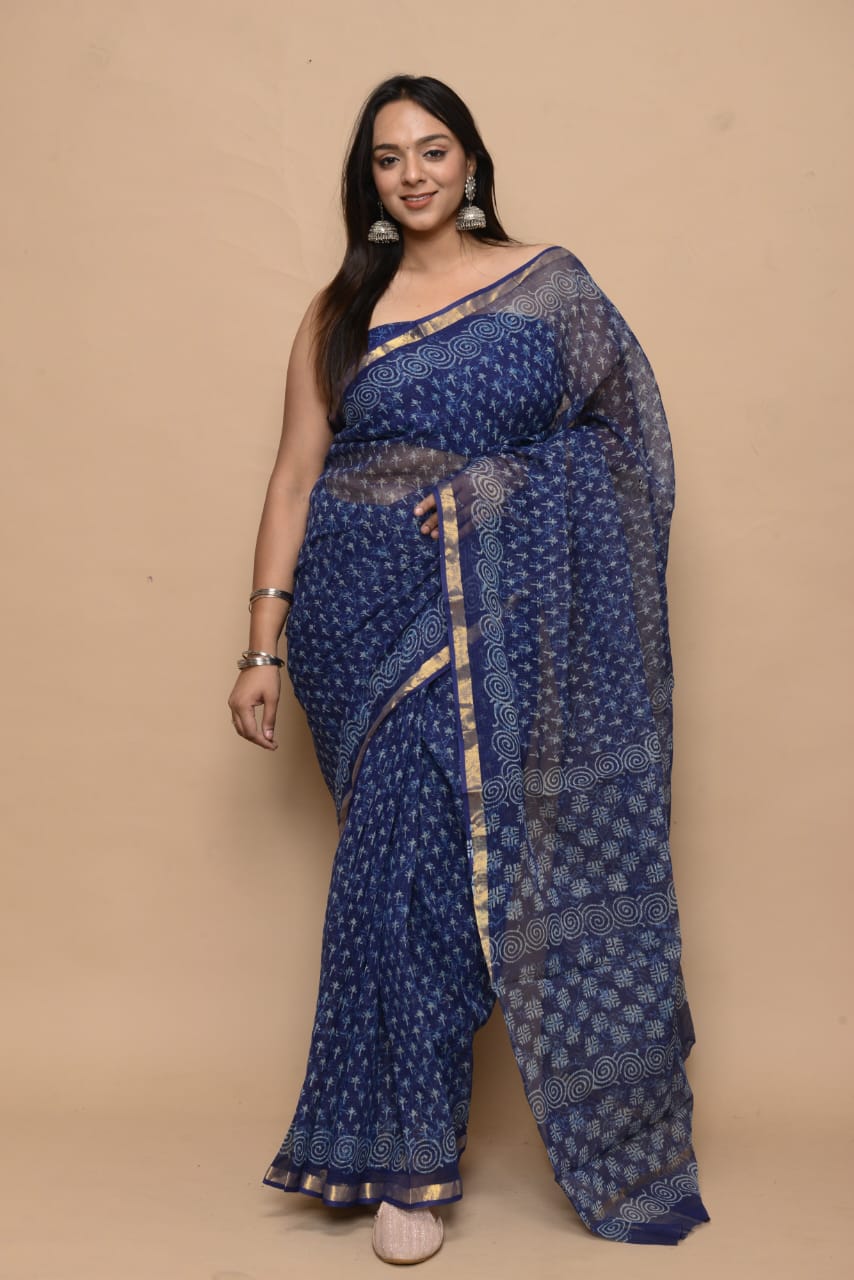 Hand Block Printed Jari Border Pure Kota Doria Saree (5.5 Mtr) With Unstiched Kota Doria Blouse Piece (90 CM)