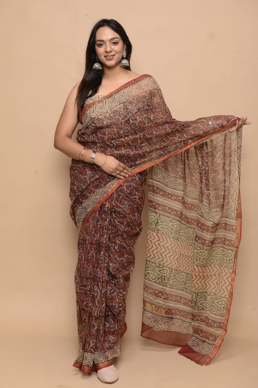 Hand Block Printed Jari Border Pure Kota Doria Saree (5.5 Mtr) With Unstiched Kota Doria Blouse Piece (90 CM)