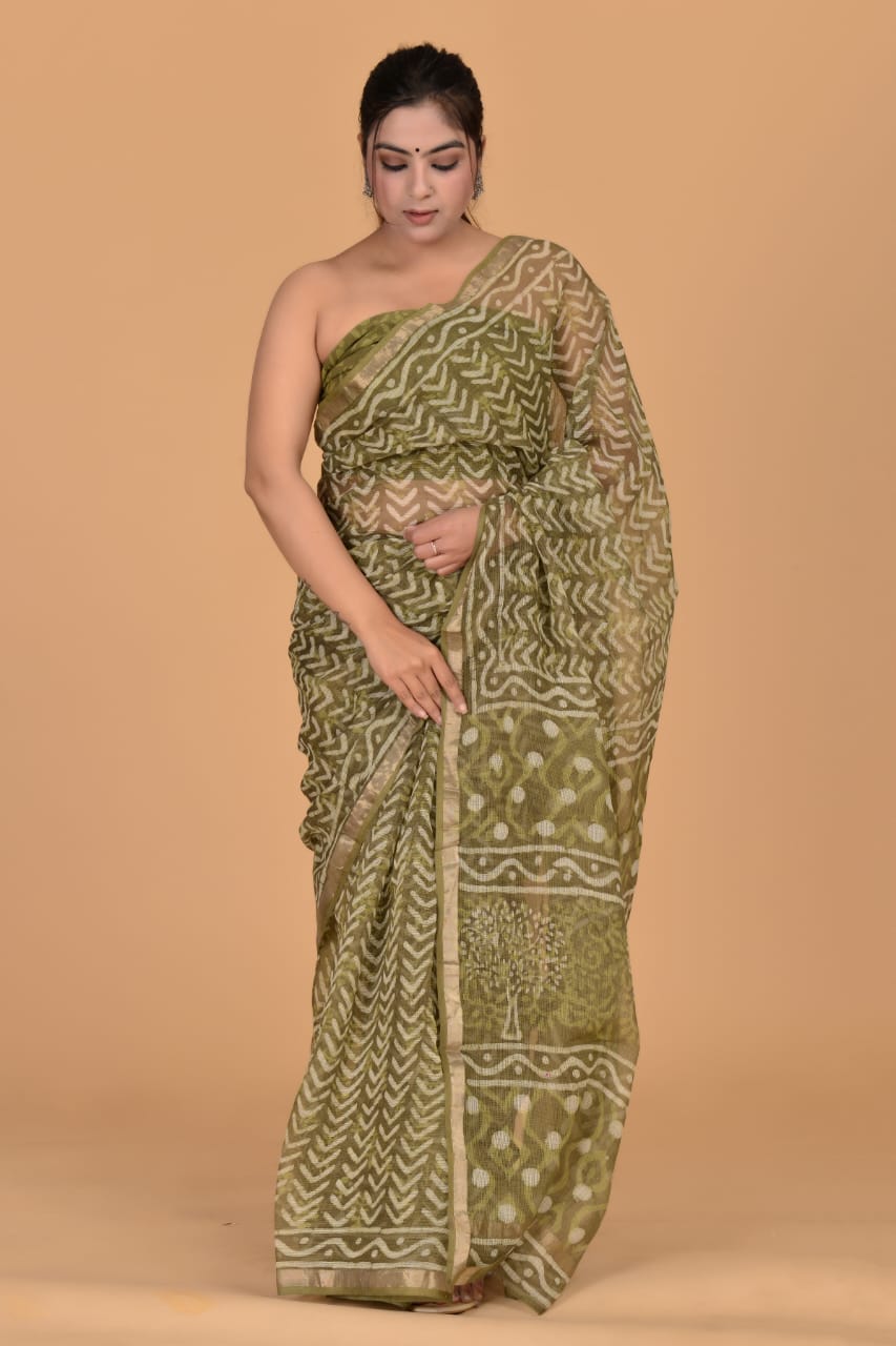 Hand Block Printed Jari Border Pure Kota Doria Saree (5.5 Mtr) With Unstiched Kota Doria Blouse Piece (90 CM)
