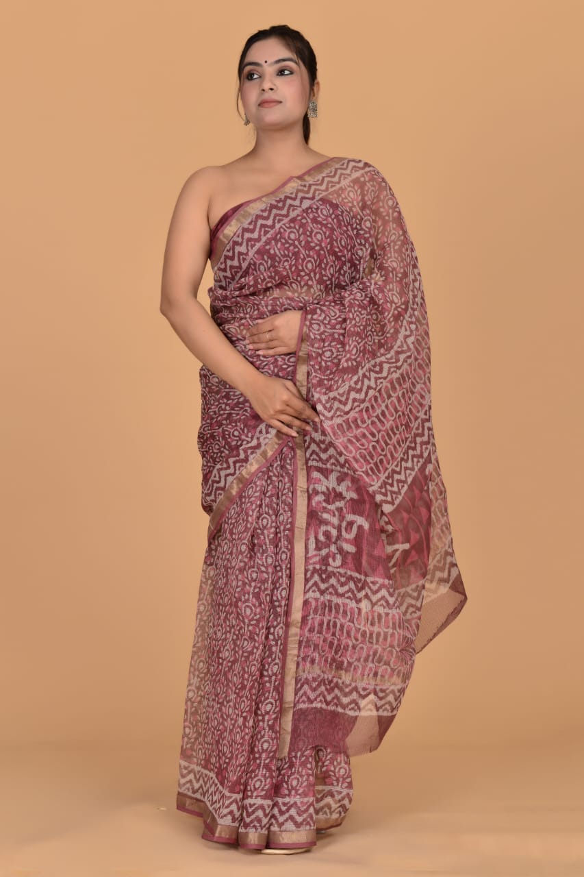 Hand Block Printed Jari Border Pure Kota Doria Saree (5.5 Mtr) With Unstiched Kota Doria Blouse Piece (90 CM)