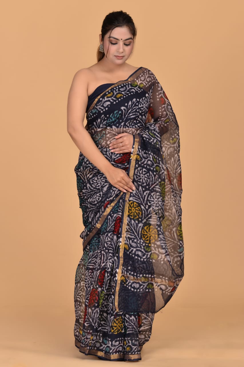 Hand Block Printed Jari Border Pure Kota Doria Saree (5.5 Mtr) With Unstiched Kota Doria Blouse Piece (90 CM)