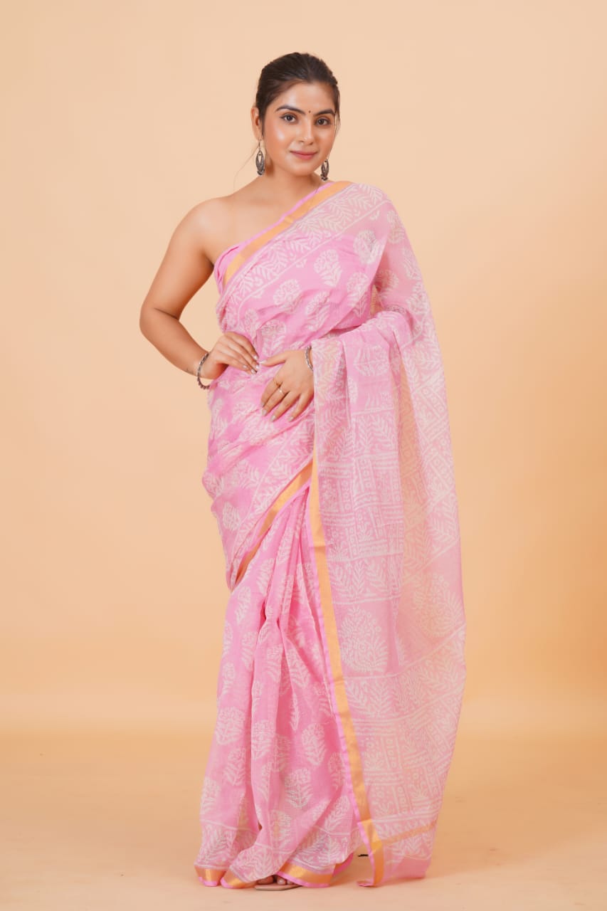 Hand Block Printed Jari Border Pure Kota Doria Saree (5.5 Mtr) With Unstiched Kota Doria Blouse Piece (90 CM)