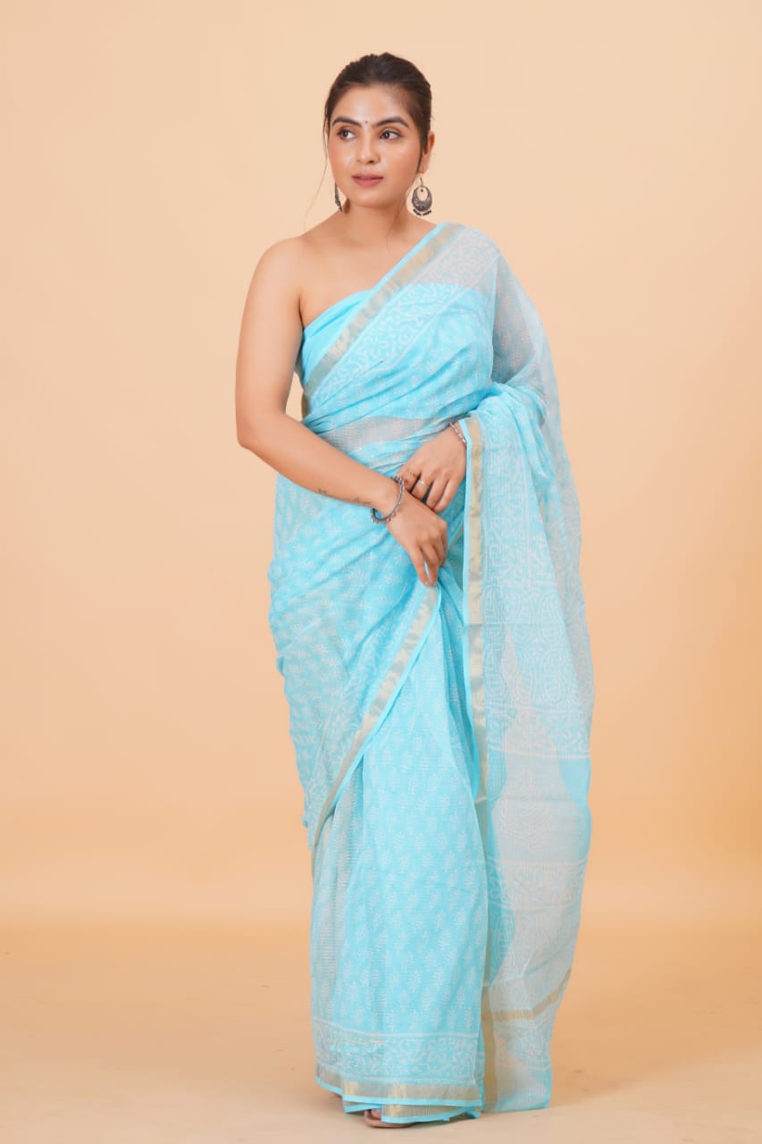 Hand Block Printed Jari Border Pure Kota Doria Saree (5.5 Mtr) With Unstiched Kota Doria Blouse Piece (90 CM)