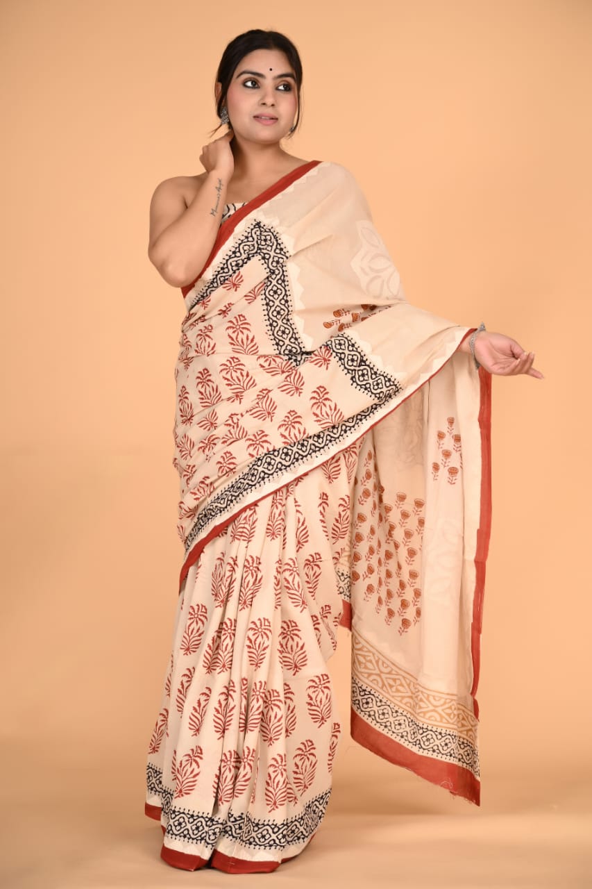 (APPLIQUE) HAND BLOCK PRINTED COTTON SAREE (5.5 Mtr) WITH UNSTICHED BLOUSE PIECE (90CM) (HAND CUT WORK)
