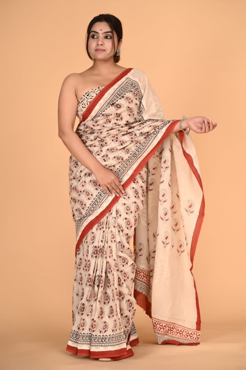 (APPLIQUE) HAND BLOCK PRINTED COTTON SAREE (5.5 Mtr) WITH UNSTICHED BLOUSE PIECE (90CM) (HAND CUT WORK)