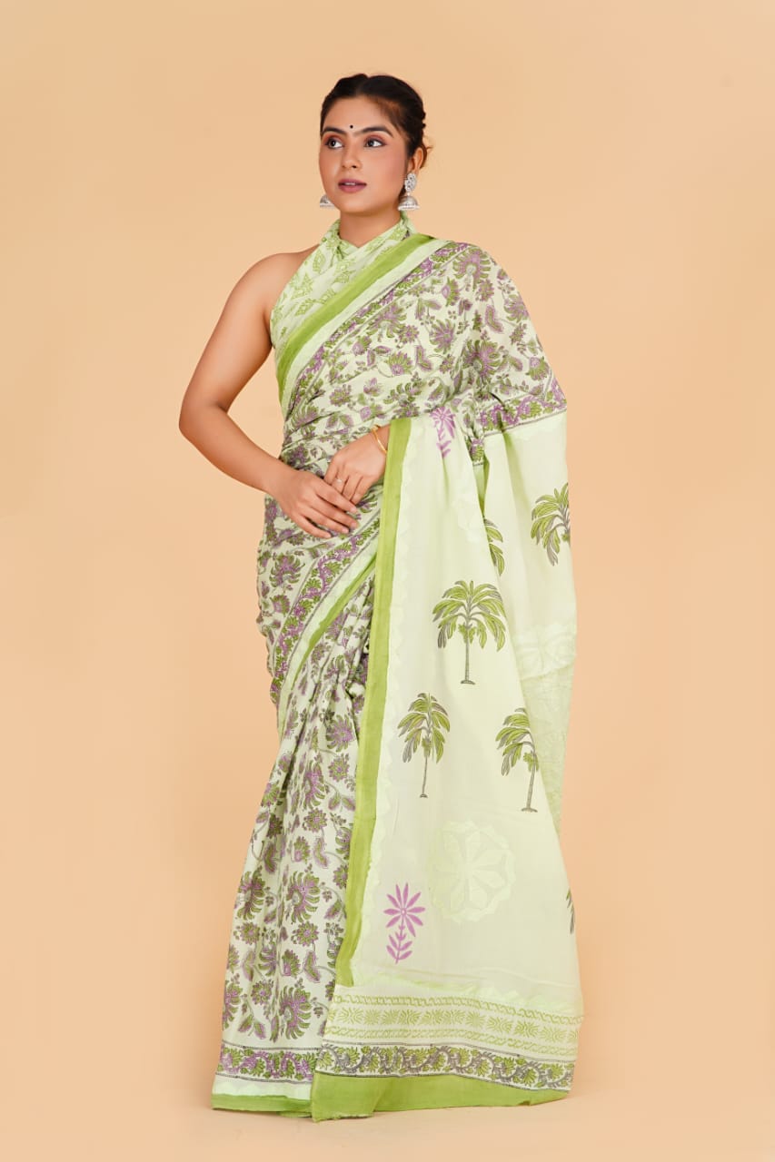 (APPLIQUE) HAND BLOCK PRINTED COTTON SAREE (5.5 Mtr) WITH UNSTICHED BLOUSE PIECE (90CM) (HAND CUT WORK)