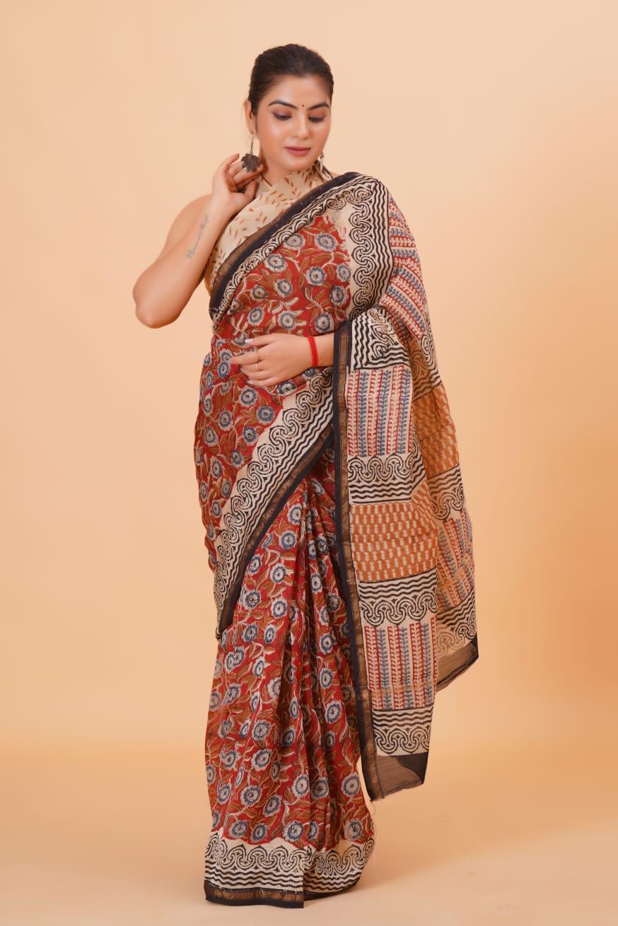 Block Printed Chanderi Silk Saree (5.5 Mtr) With Unstiched Blouse Piece (90Cm)