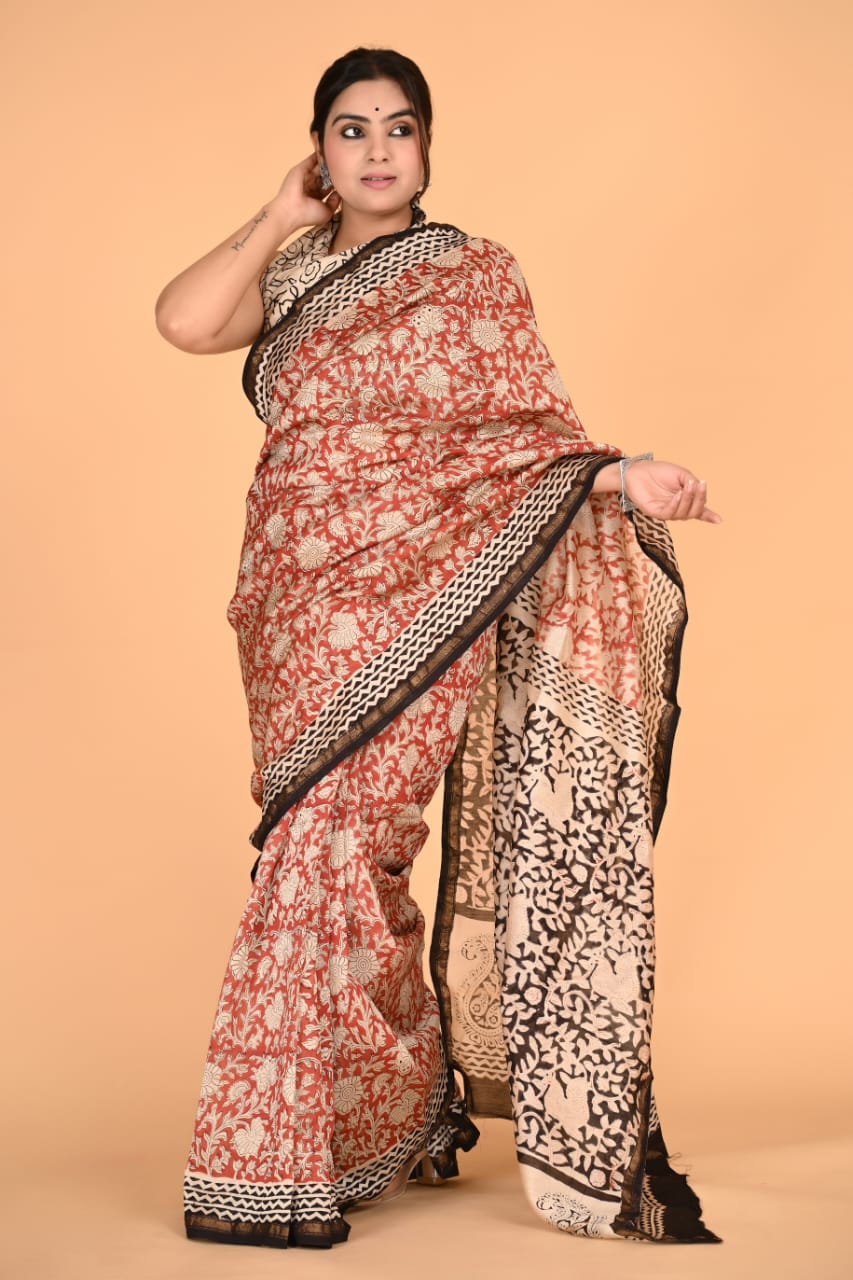 Block Printed Chanderi Silk Saree (5.5 Mtr) With Unstiched Blouse Piece (90Cm)