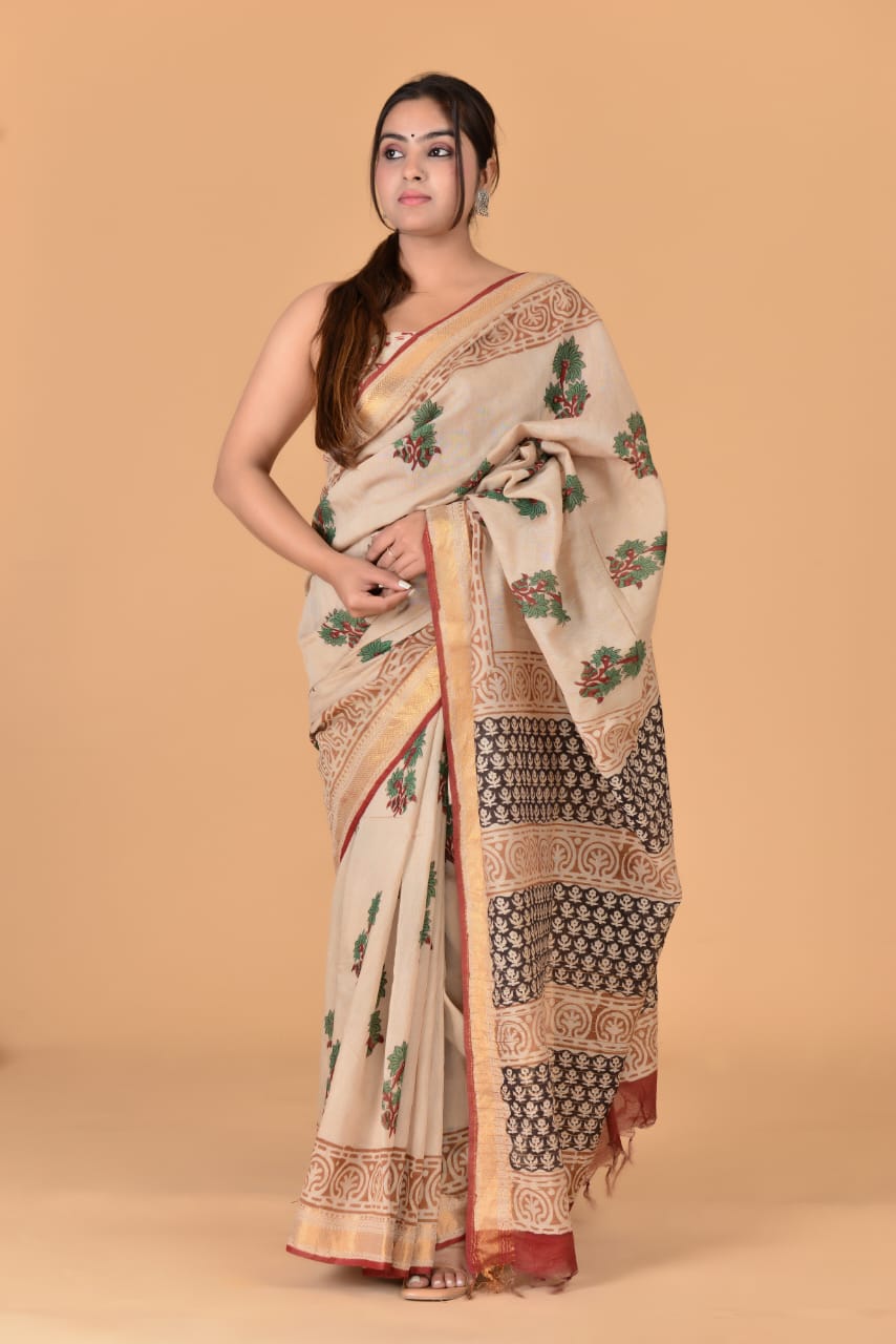 HAND BLOCK PRINTED MAHESHWARI SILK SAREE (5.5 Mtr) WITH UNSTICHED BLOUSE PIECE (90CM)