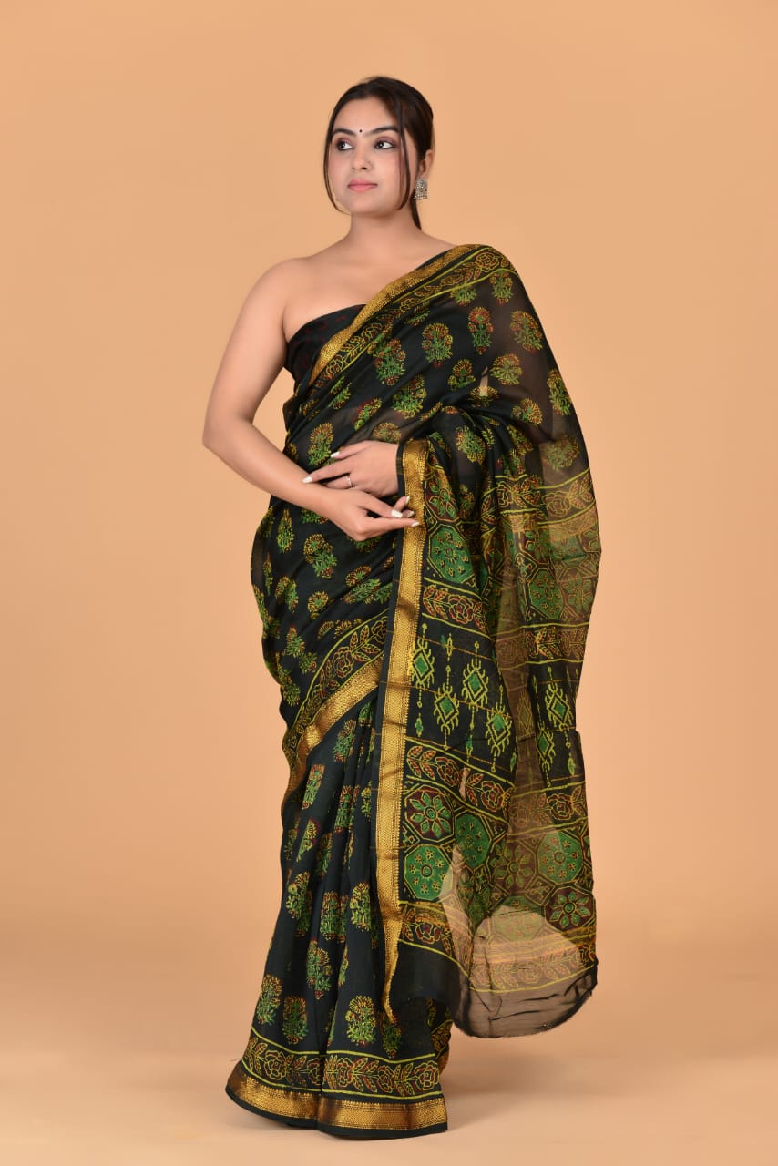 HAND BLOCK PRINTED MAHESHWARI SILK SAREE (5.5 Mtr) WITH UNSTICHED BLOUSE PIECE (90CM)