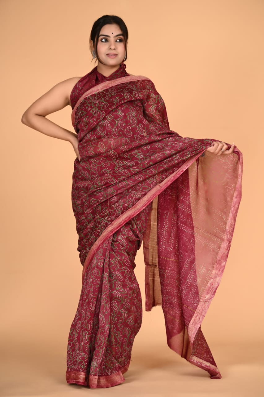 HAND BLOCK PRINTED MAHESHWARI SILK SAREE (5.5 Mtr) WITH UNSTICHED BLOUSE PIECE (90CM)