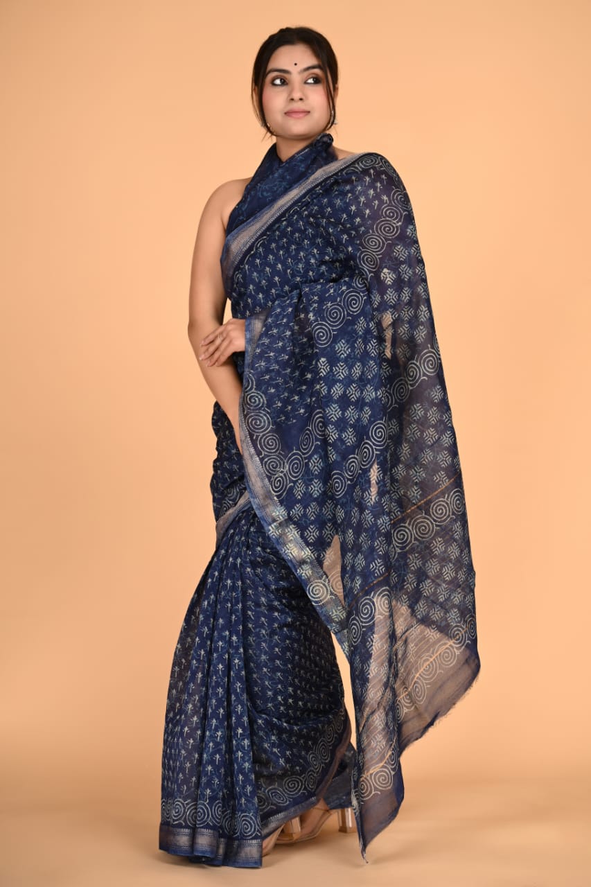 HAND BLOCK PRINTED MAHESHWARI SILK SAREE (5.5 Mtr) WITH UNSTICHED BLOUSE PIECE (90CM)