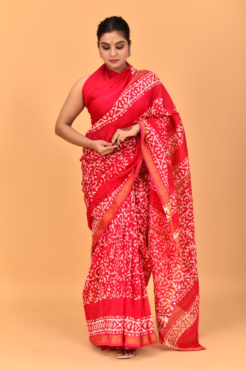 HAND BLOCK PRINTED MAHESHWARI SILK SAREE (5.5 Mtr) WITH UNSTICHED BLOUSE PIECE (90CM)