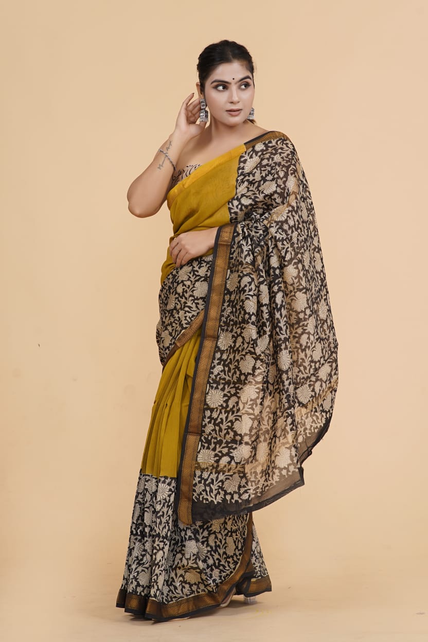 HAND BLOCK PRINTED MAHESHWARI SILK SAREE (5.5 Mtr) WITH UNSTICHED BLOUSE PIECE (90CM)