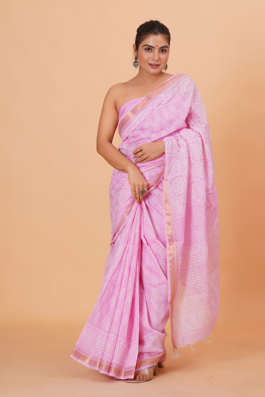HAND BLOCK PRINTED MAHESHWARI SILK SAREE (5.5 Mtr) WITH UNSTICHED BLOUSE PIECE (90CM)
