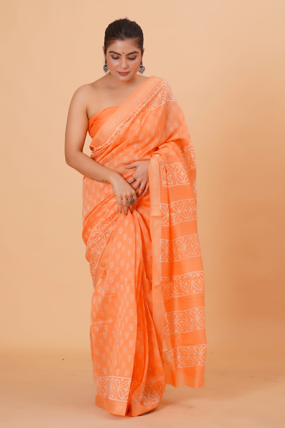 HAND BLOCK PRINTED MAHESHWARI SILK SAREE (5.5 Mtr) WITH UNSTICHED BLOUSE PIECE (90CM)