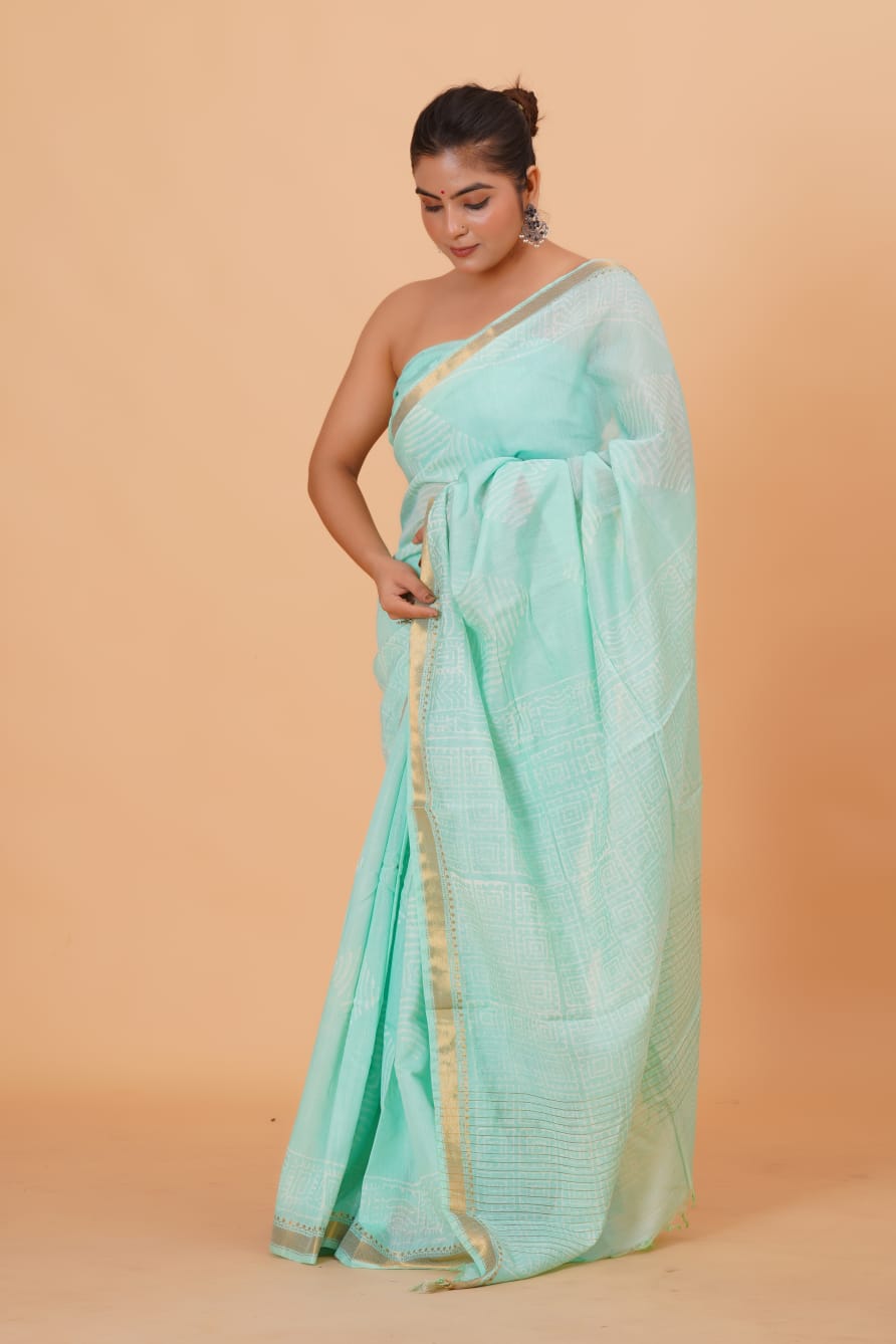 HAND BLOCK PRINTED MAHESHWARI SILK SAREE (5.5 Mtr) WITH UNSTICHED BLOUSE PIECE (90CM)