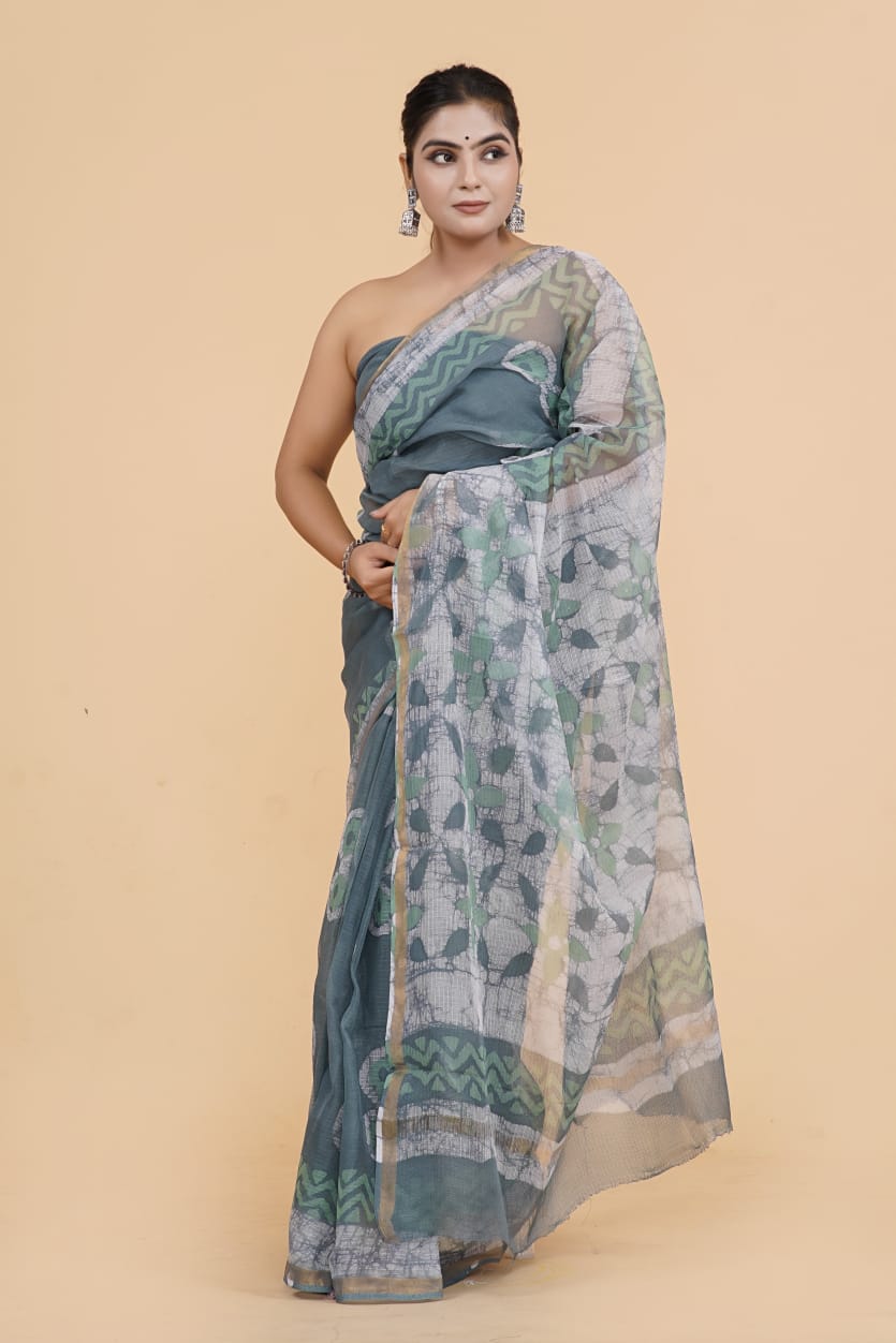 Hand Block Printed Jari Border Pure Kota Doria Saree (5.5 Mtr) With Unstiched Kota Doria Blouse Piece (90 CM)