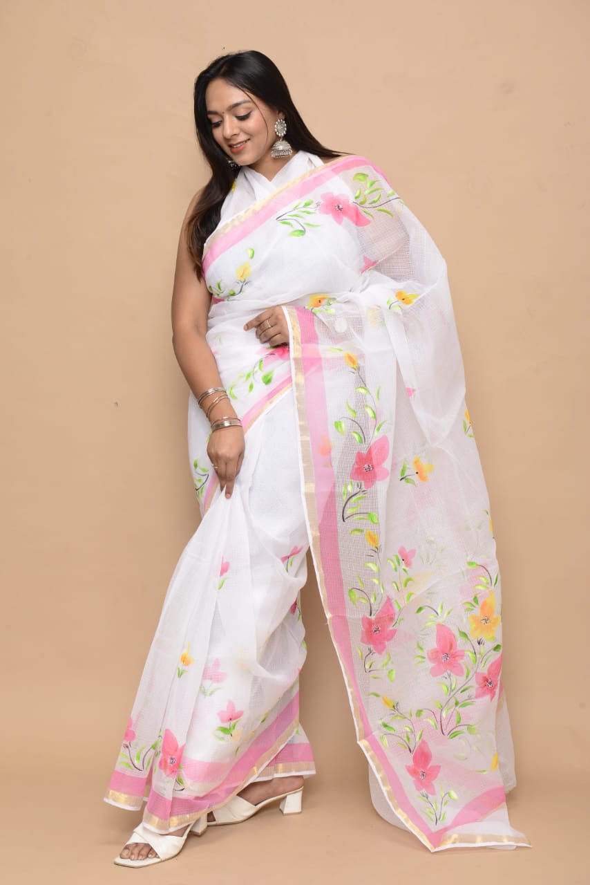 Hand Block Printed Jari Border Pure Kota Doria Saree (5.5 Mtr) With Unstiched Kota Doria Blouse Piece (90 CM)
