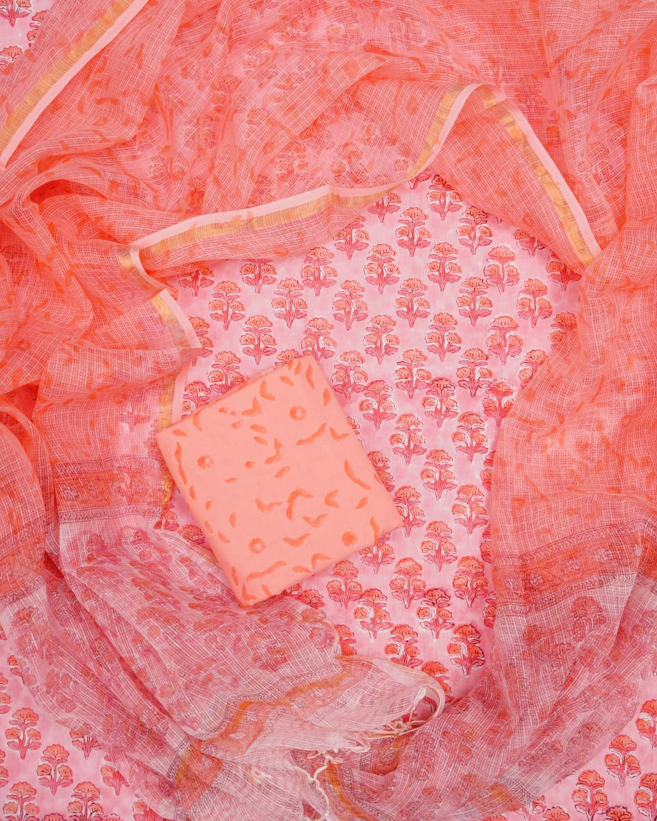 Pure Cotton Unstitched Suit With Pure Kota Doria Dupatta With Jari Border