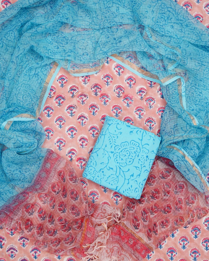 Pure Cotton Unstitched Suit With Pure Kota Doria Dupatta With Jari Border