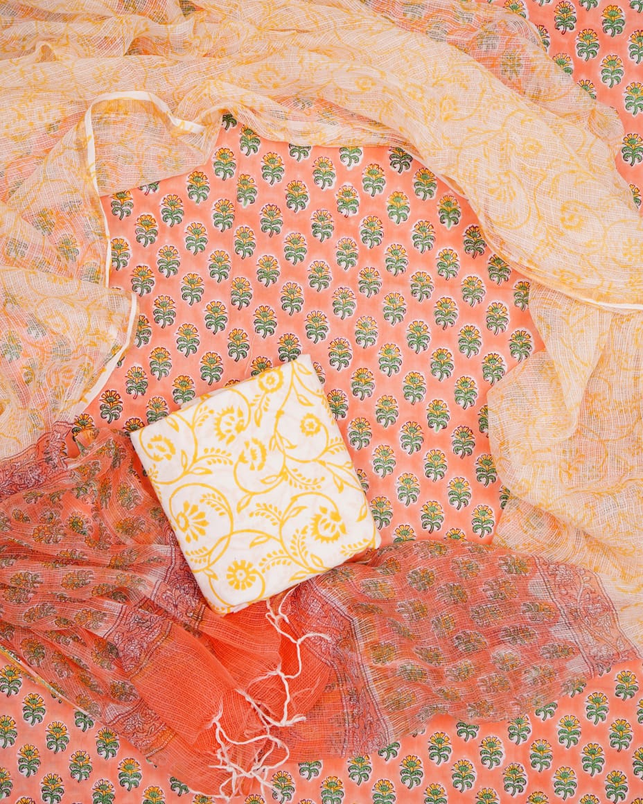 Pure Cotton Unstitched Suit With Pure Kota Doria Dupatta With Jari Border