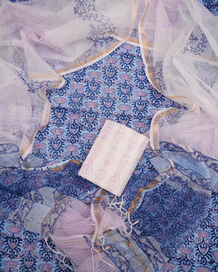 Pure Cotton Unstitched Suit With Pure Kota Doria Dupatta With Jari Border