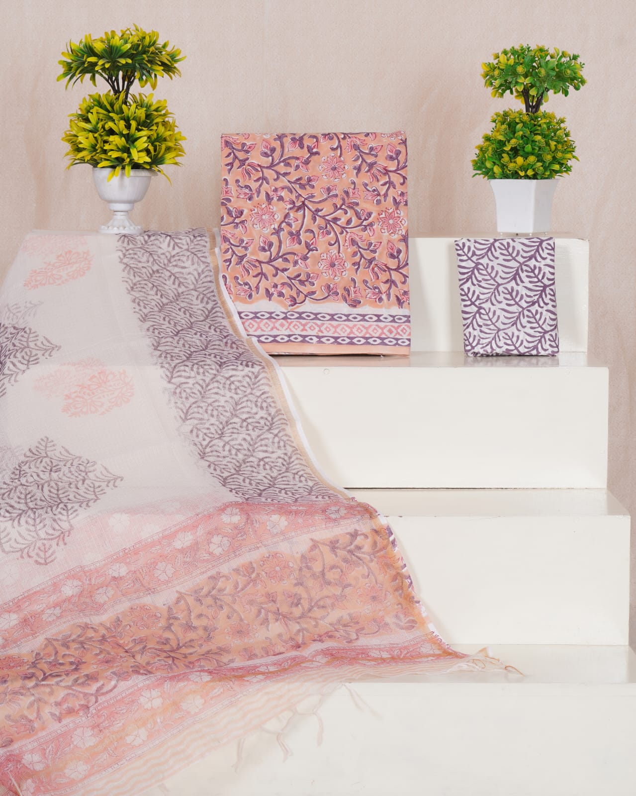 Pure Cotton Unstitched Suit With Pure Kota Doria Dupatta With Jari Border