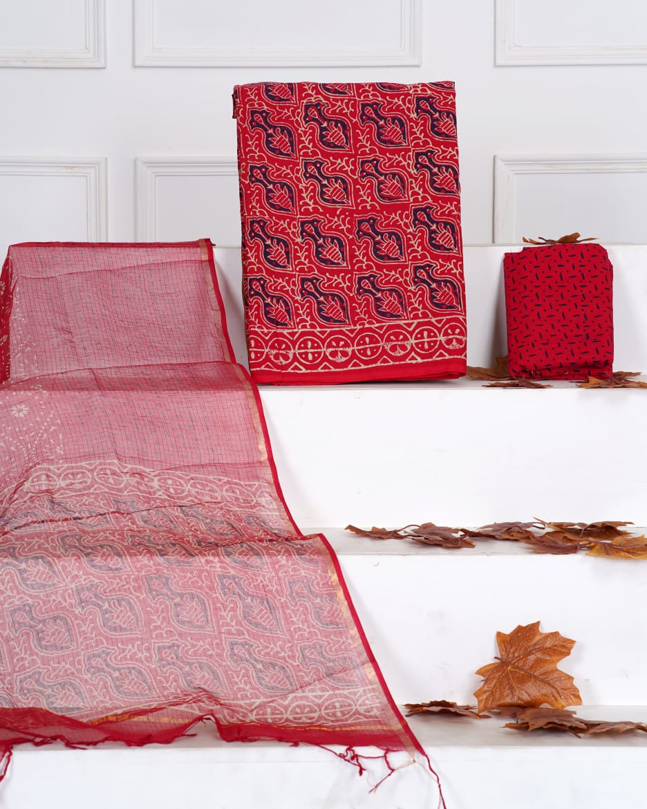 Pure Cotton Unstitched Suit With Pure Kota Doria Dupatta With Jari Border