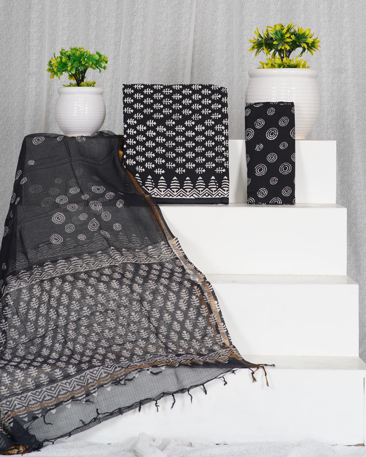 Pure Cotton Unstitched Suit With Pure Kota Doria Dupatta With Jari Border