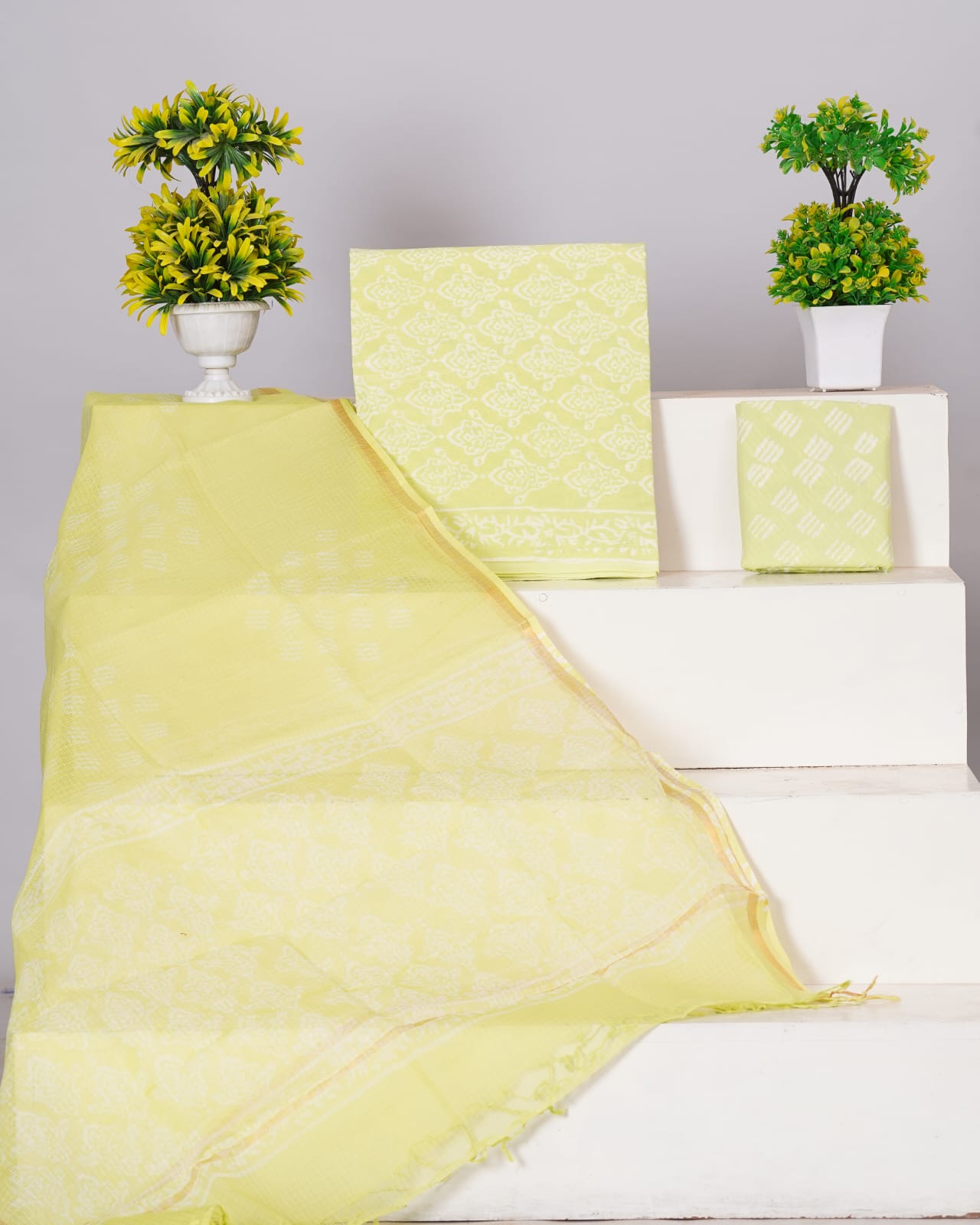 Pure Cotton Unstitched Suit With Pure Kota Doria Dupatta With Jari Border