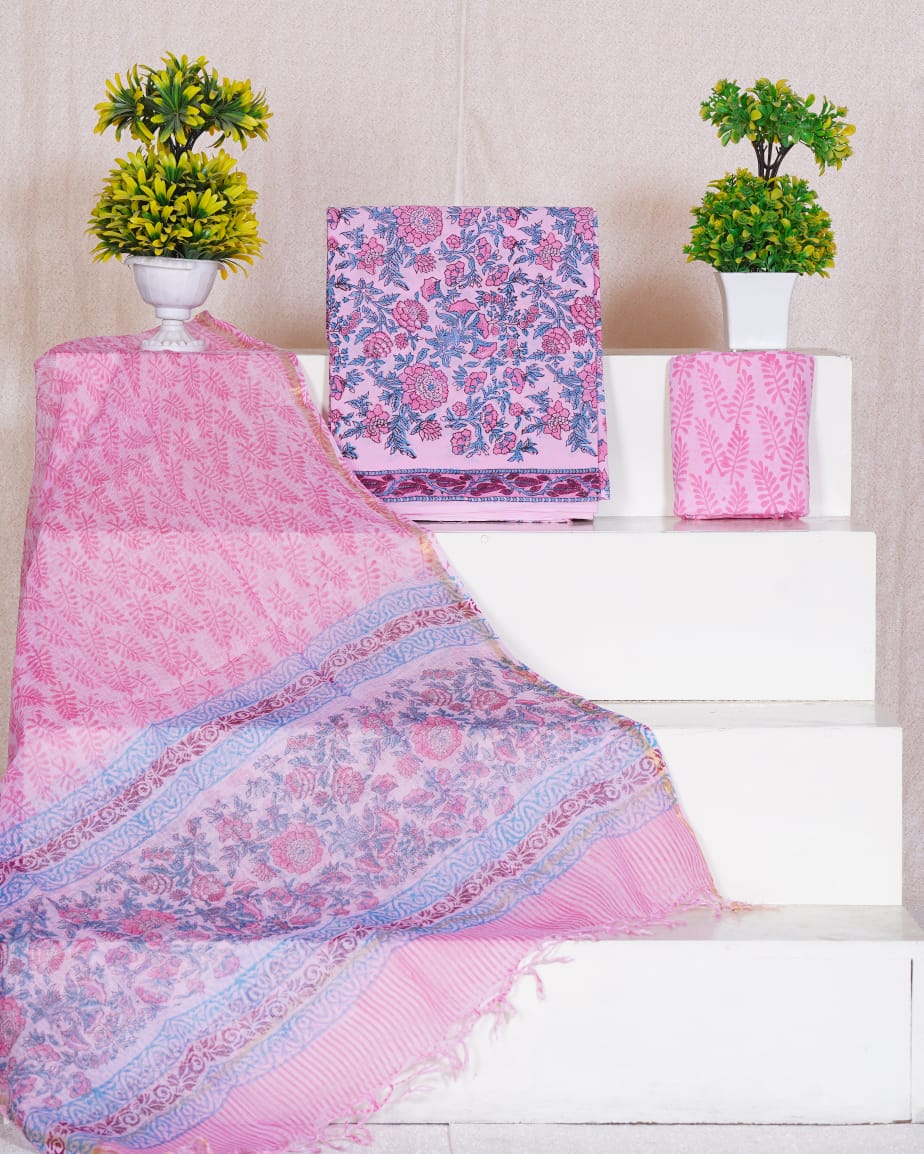 Pure Cotton Unstitched Suit With Pure Kota Doria Dupatta With Jari Border