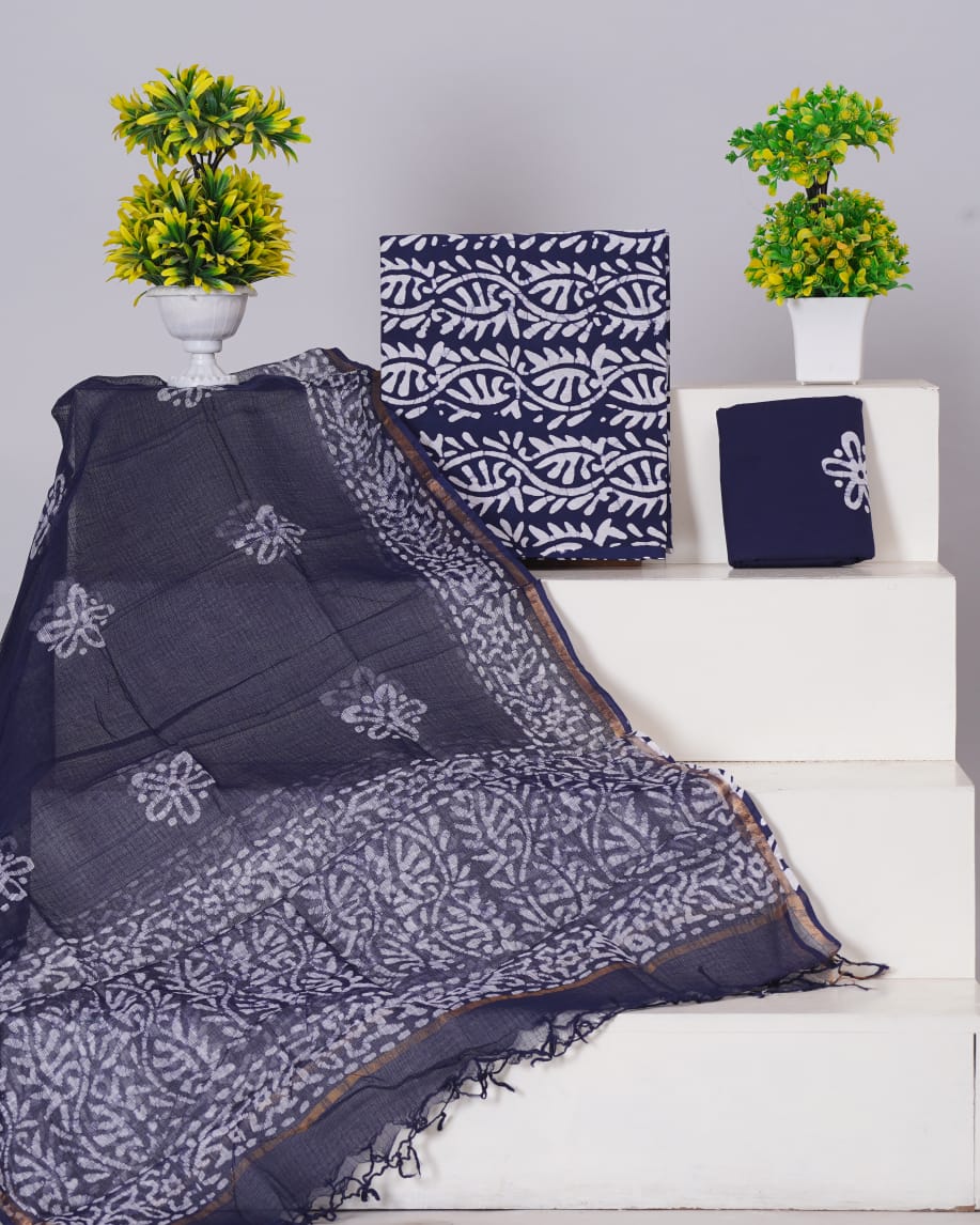 Pure Cotton Unstitched Suit With Pure Kota Doria Dupatta With Jari Border