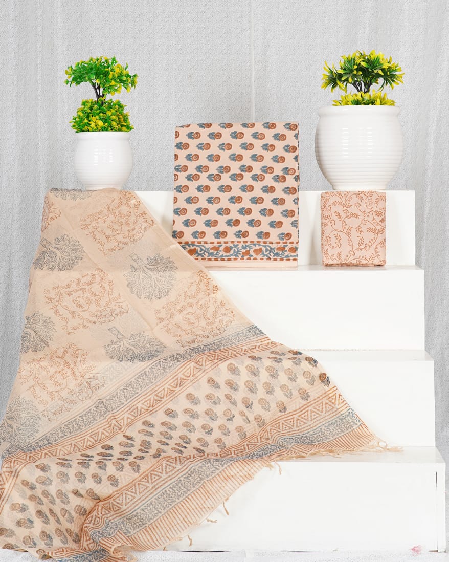 Pure Cotton Unstitched Suit With Pure Kota Doria Dupatta With Jari Border