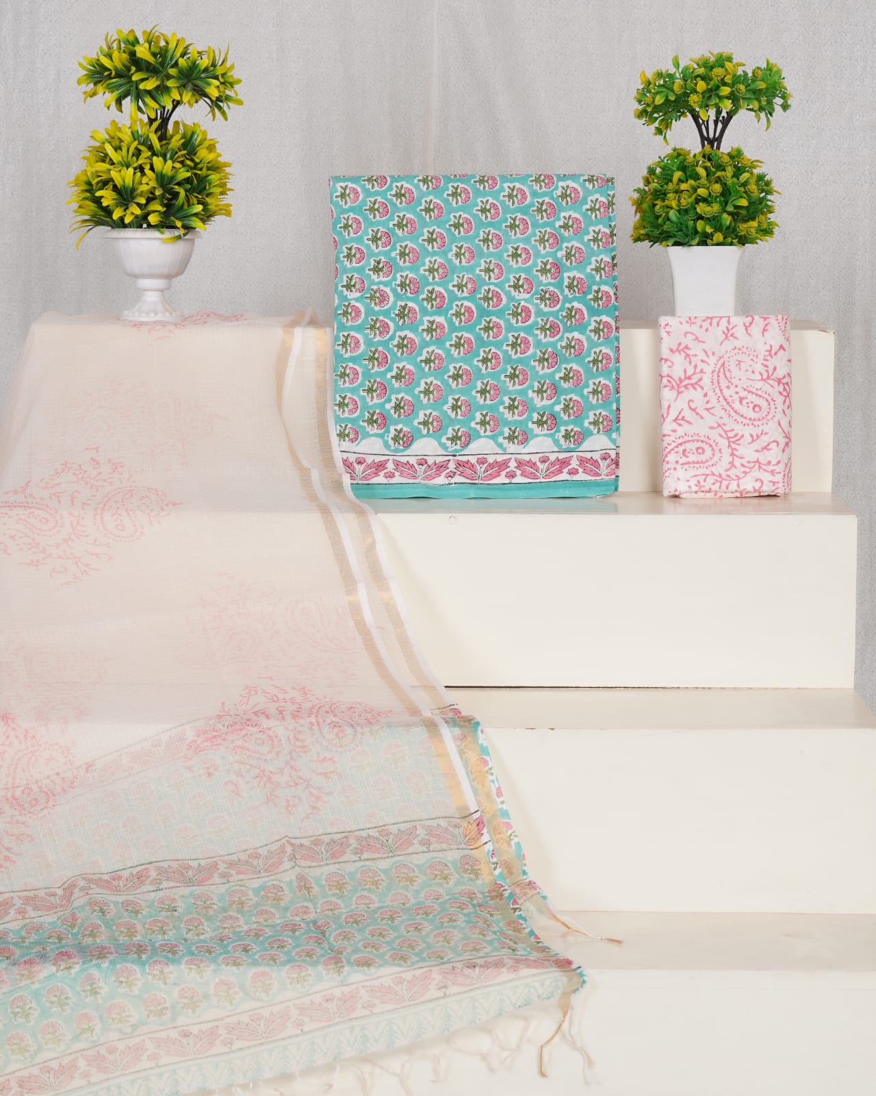 Pure Cotton Unstitched Suit With Pure Kota Doria Dupatta With Jari Border