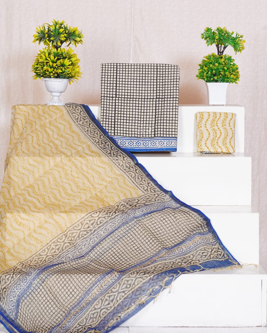 Pure Cotton Unstitched Suit With Pure Kota Doria Dupatta With Jari Border