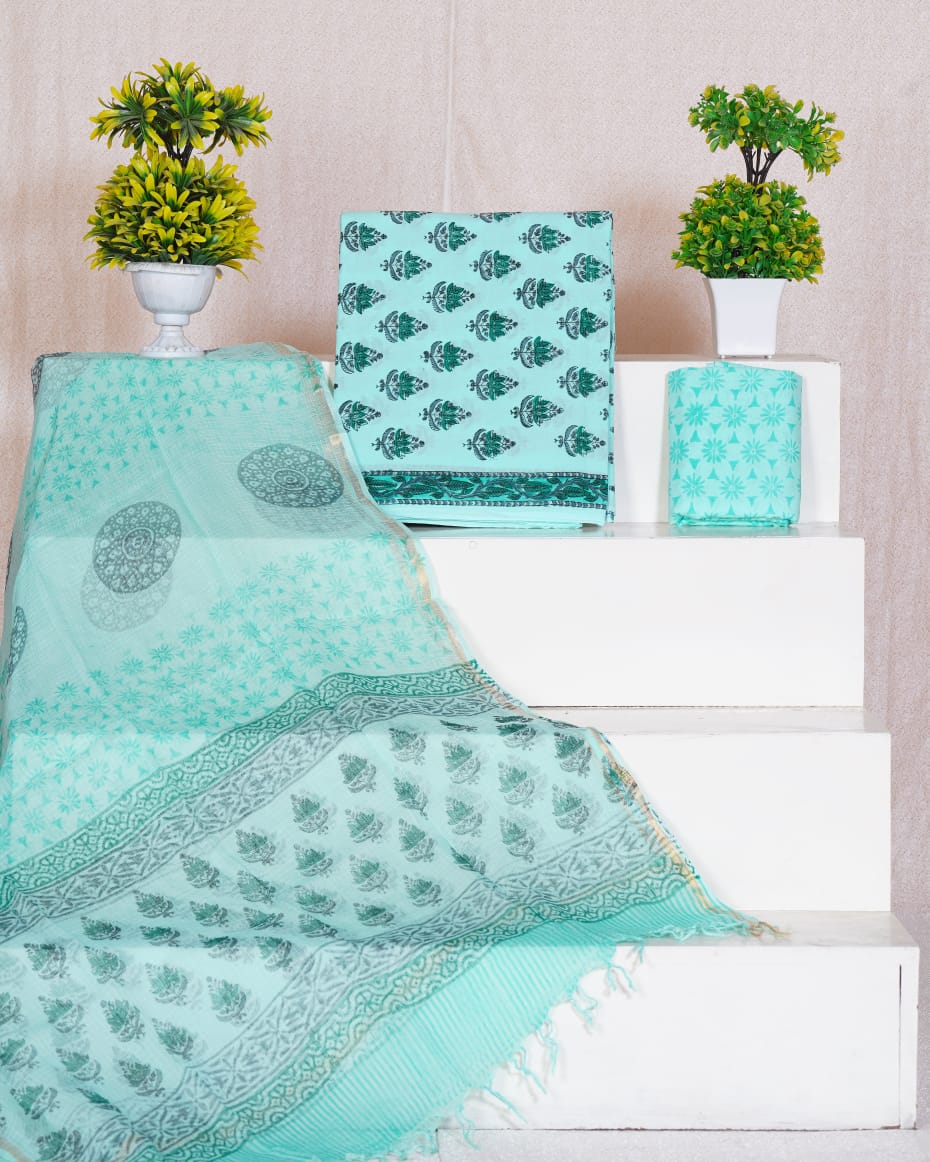 Pure Cotton Unstitched Suit With Pure Kota Doria Dupatta With Jari Border