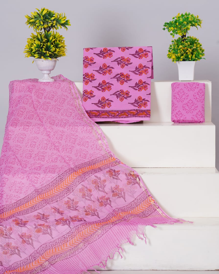 Pure Cotton Unstitched Suit With Pure Kota Doria Dupatta With Jari Border