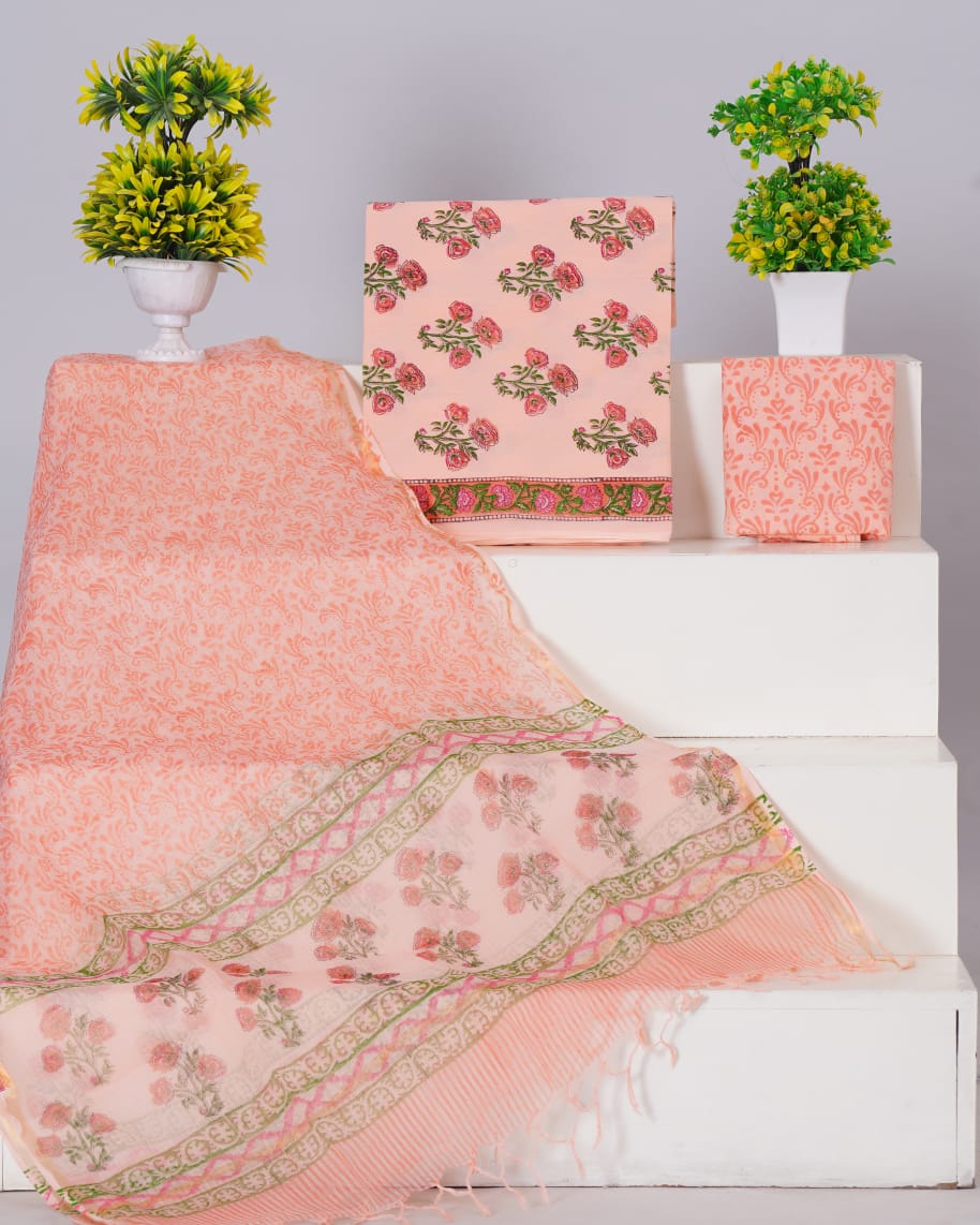 Pure Cotton Unstitched Suit With Pure Kota Doria Dupatta With Jari Border