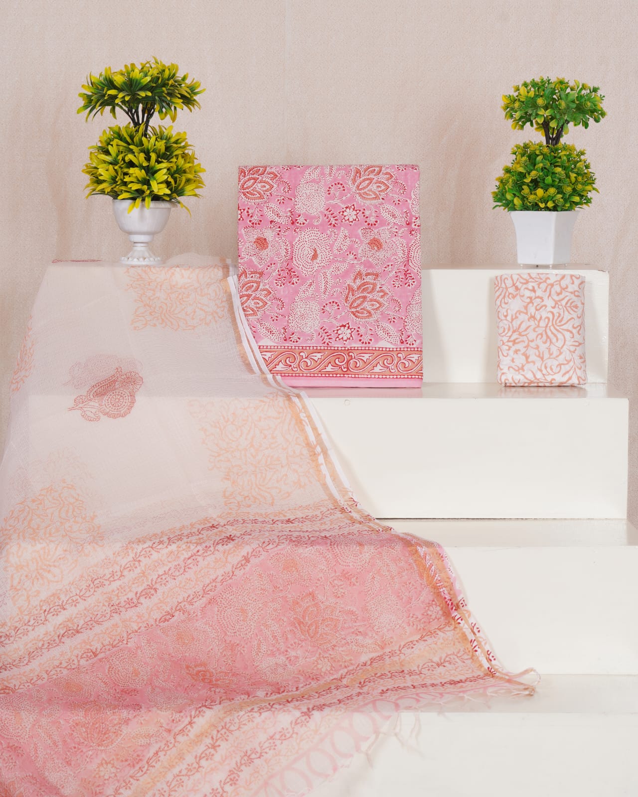 Pure Cotton Unstitched Suit With Pure Kota Doria Dupatta With Jari Border