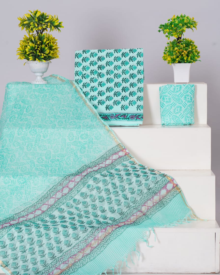 Pure Cotton Unstitched Suit With Pure Kota Doria Dupatta With Jari Border